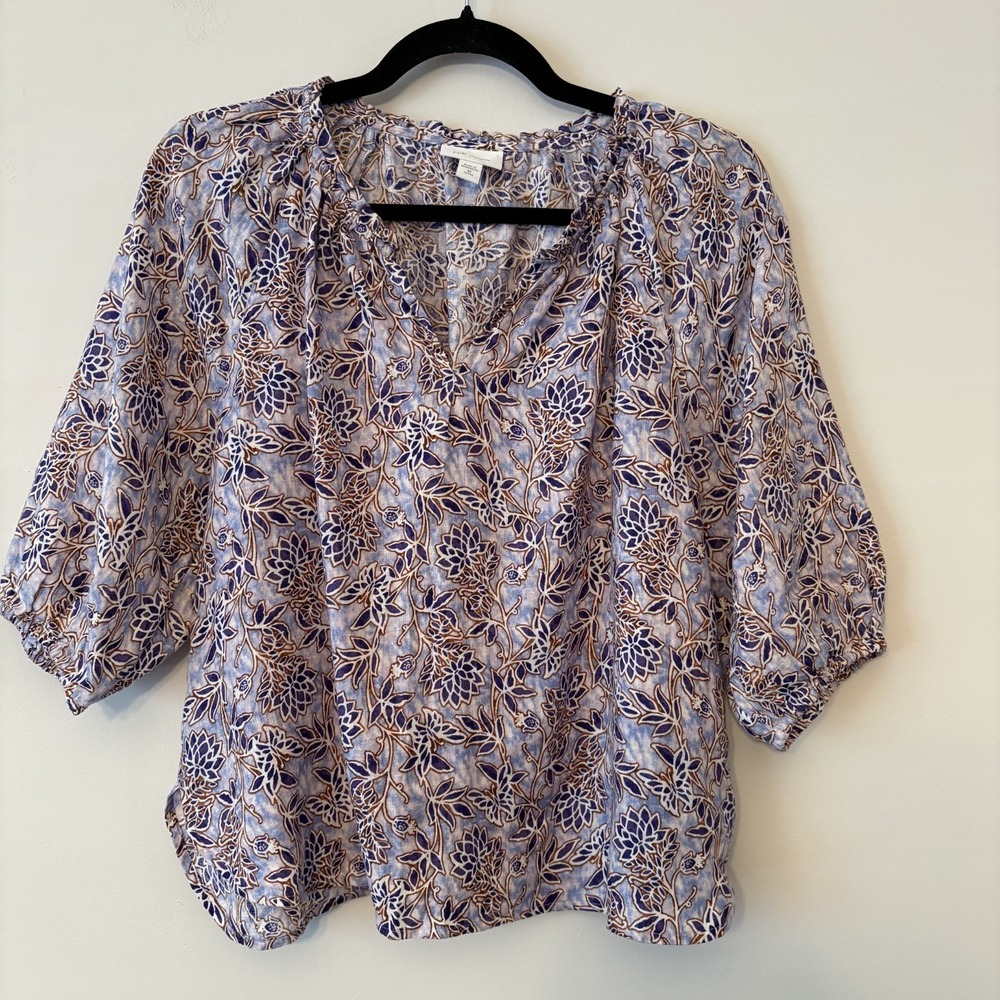 J Jill Love Linen Floral Popover 3/4 Sleeve Top XS Petite Boho Preppy Coastal